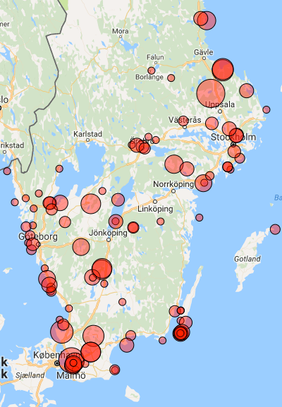 Karta som visar rastande/stationära bläsänder 1 oktober 2016 rapporterade i Artportalen