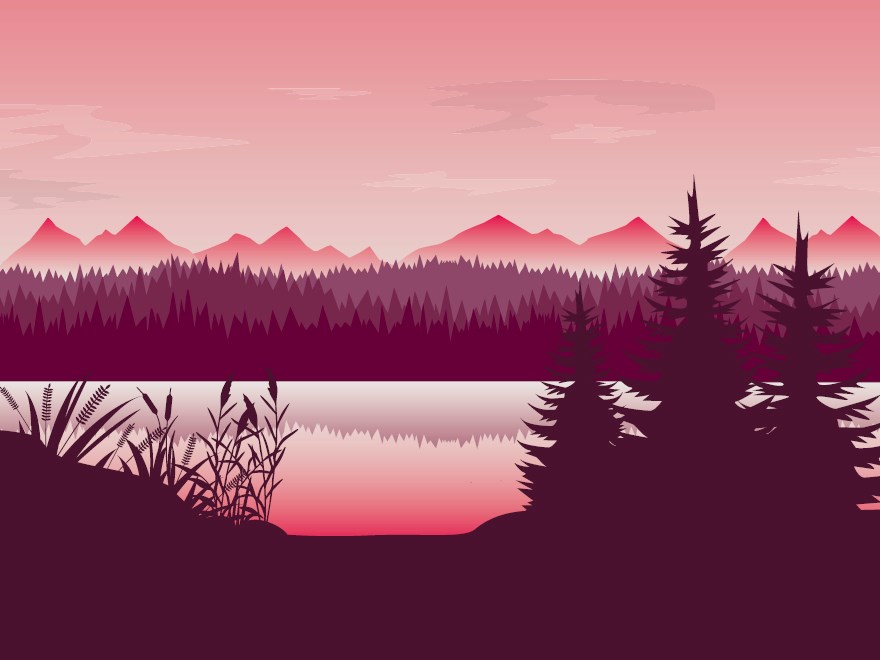 Skogslandskap med sjö i lila och rosa. Grafik