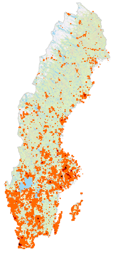 Vit Sverigekarta med röda prickar.