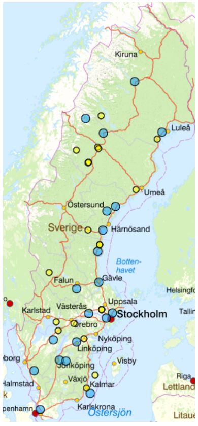 Karta över Sverige med prickar i olika färger. Karta