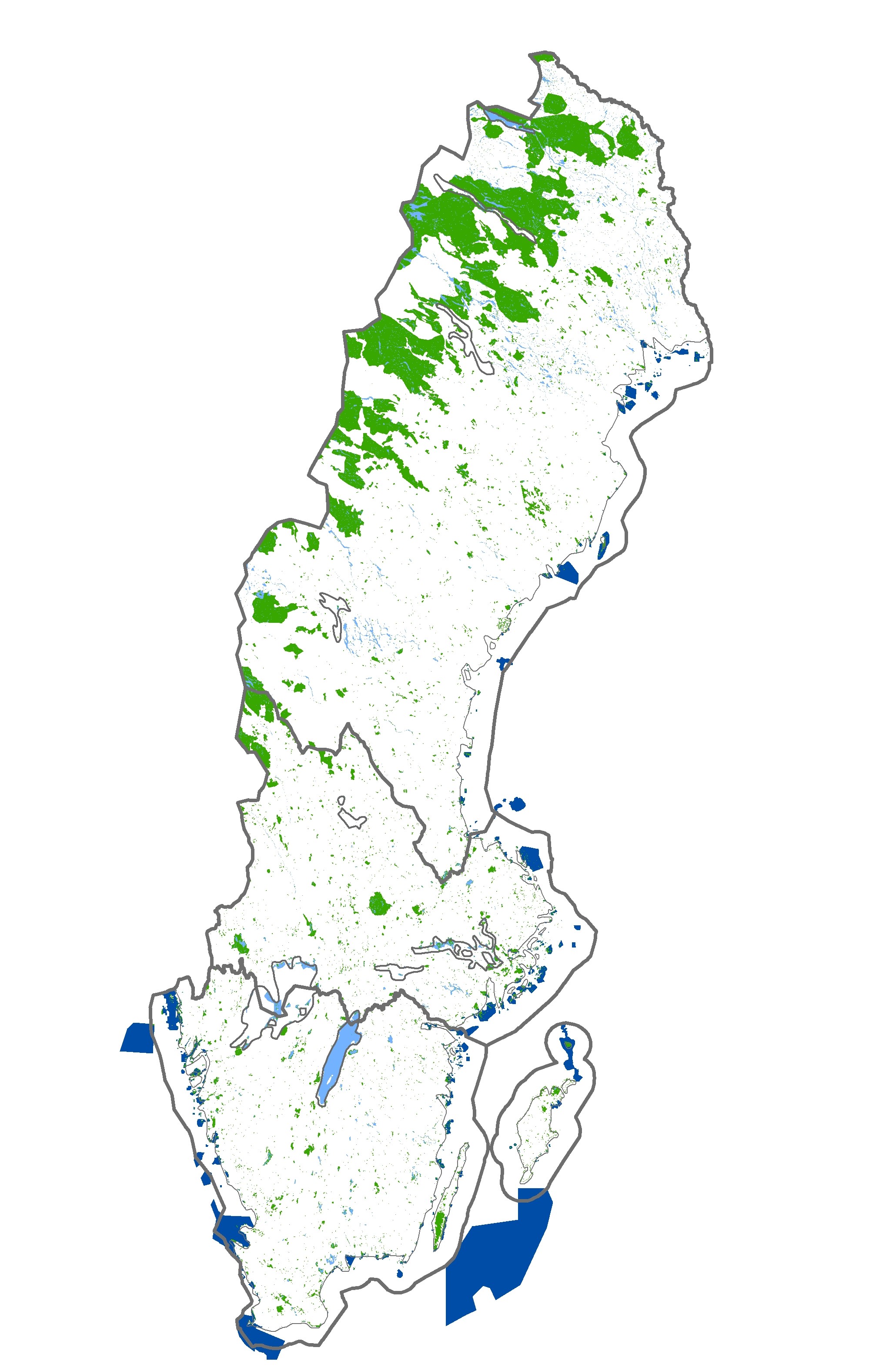 Karta över Sverige med skyddade områden utmärkta med färg. Illustartion