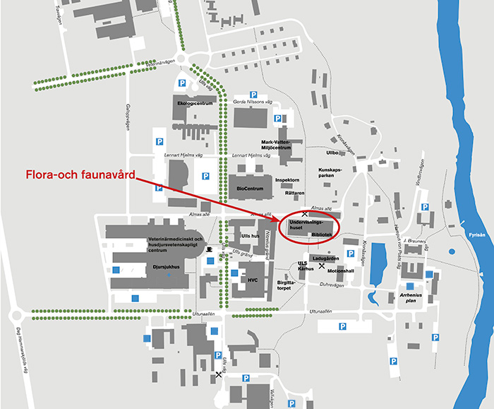 Campus Ultuna med Flora- och faunavårdskonferensen samt parkeringsplatser utmarkerade. Karta