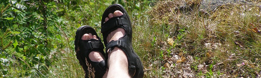 Korsade fötter i svarta sandaler vilar på gräs. Foto